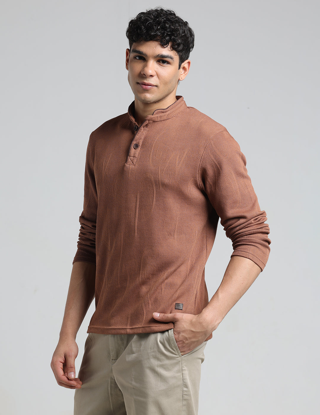 IDENTITI Men Slim Fit Mandarin Collar Solid T-Shirt In Khaki.