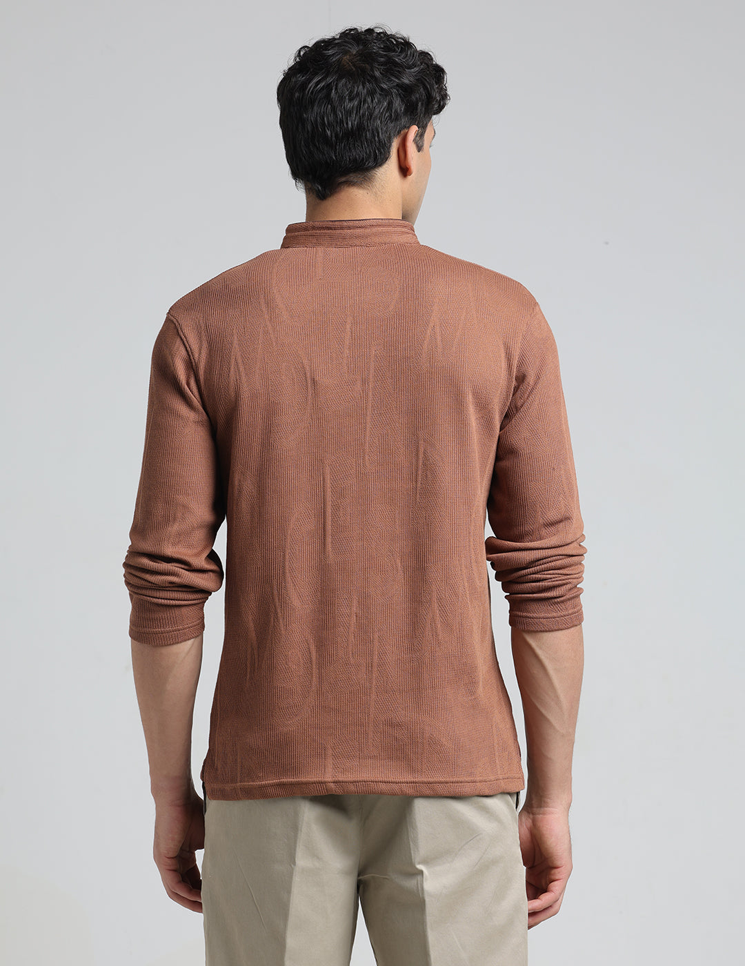 IDENTITI Men Slim Fit Mandarin Collar Solid T-Shirt In Khaki.