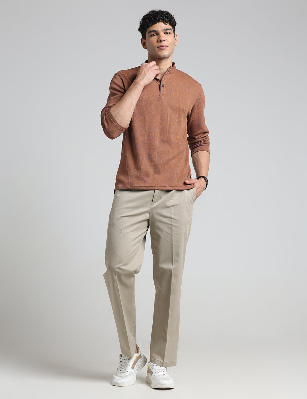 IDENTITI Men Slim Fit Mandarin Collar Solid T-Shirt In Khaki.