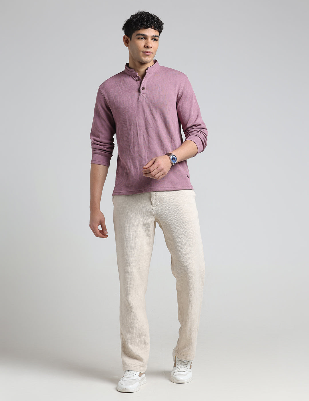 IDENTITI Men Slim Fit Mandarin Collar Solid T-Shirt In Onion.