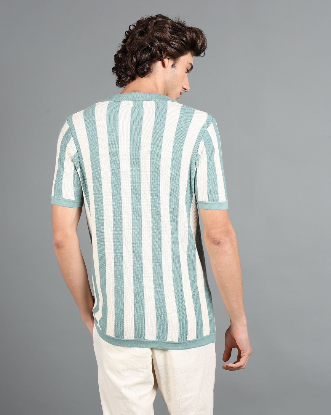 IDENTITI Mint Green Half Sleeve Striped Slim Fit Cotton Casual Polo T-Shirt For Men.