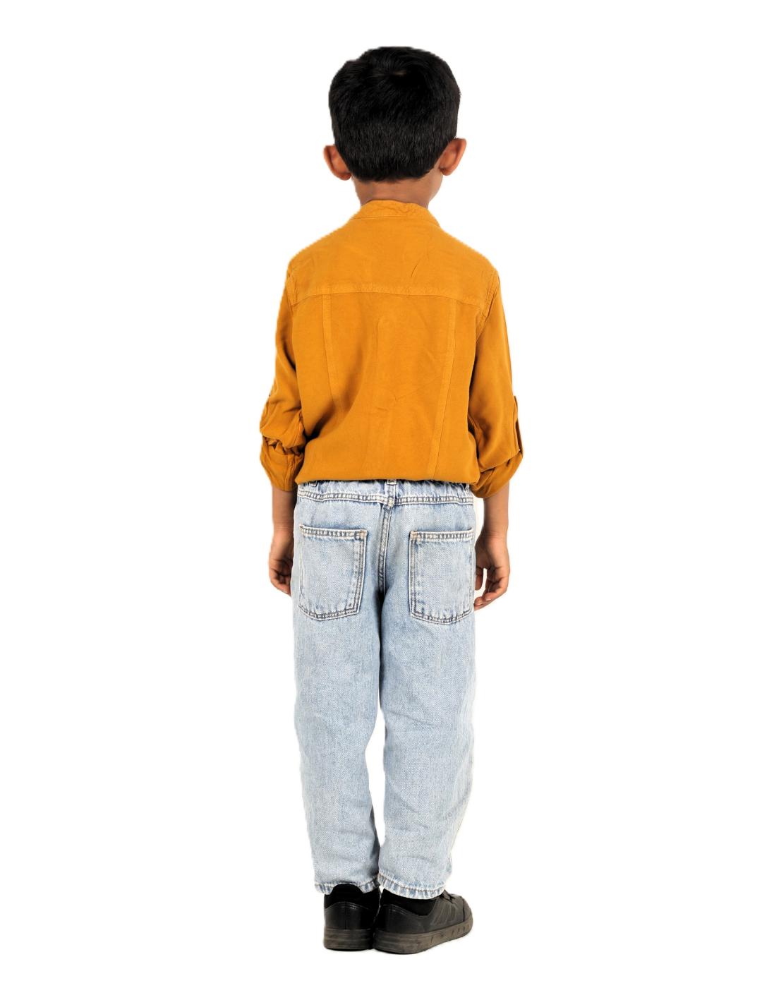 IDENTITI Boys Slim Fit Mandarin Collar Viscose Solid Shirt In Mustard.