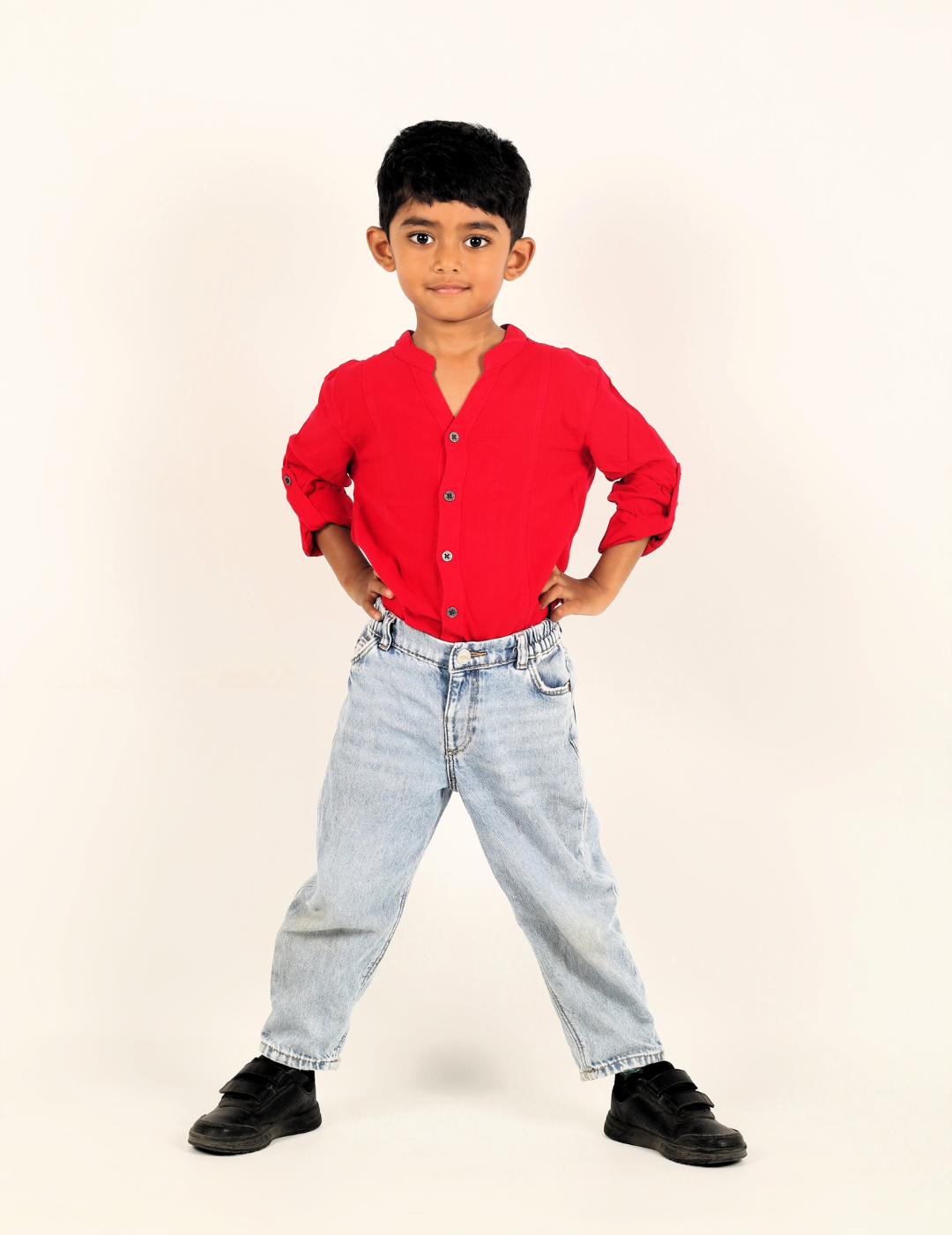 IDENTITI Boys Slim Fit Mandarin Collar Viscose Solid Shirt In Red.