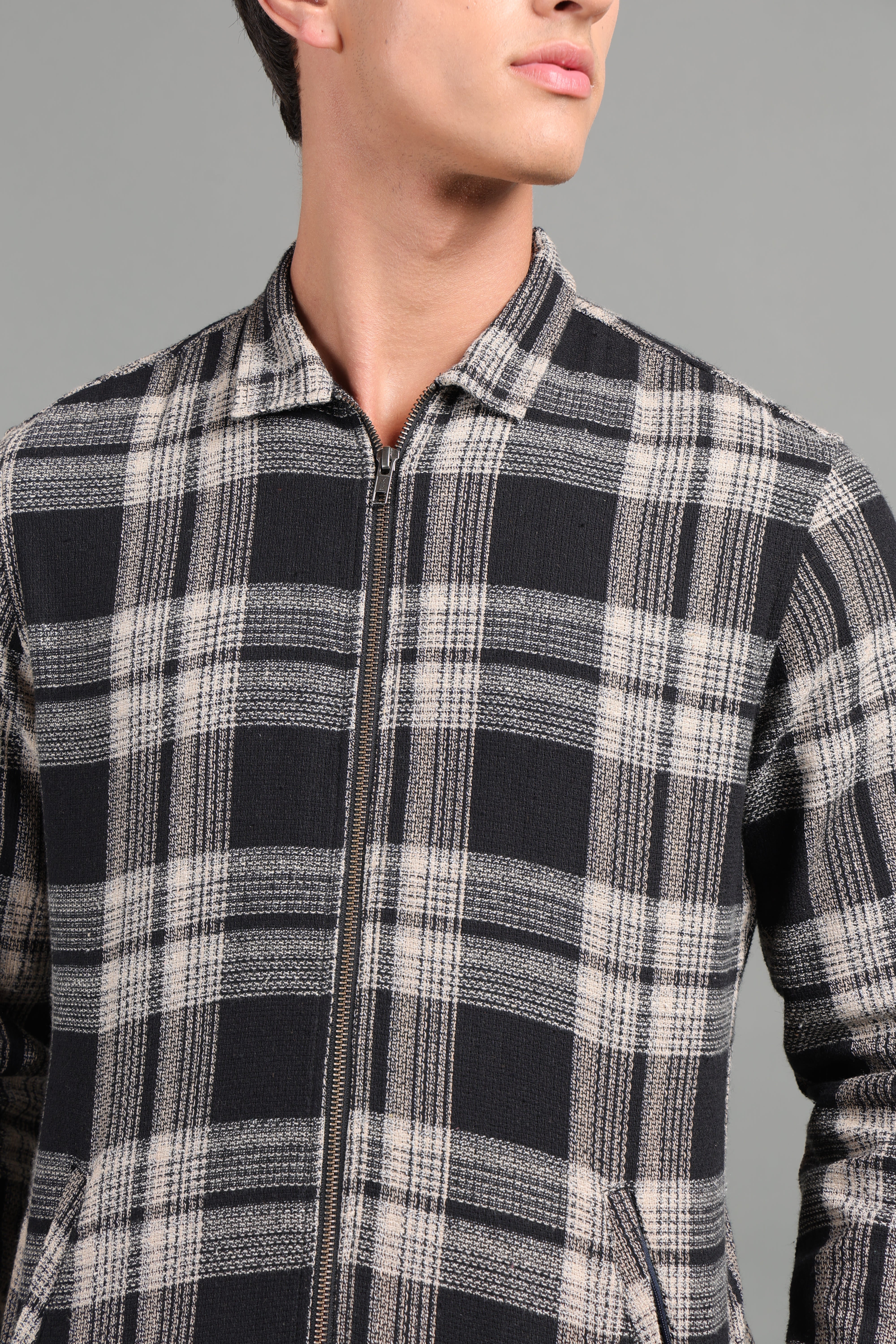IDENTITI Men Slim Fit Regular Collar Checkes Jacket In Black.