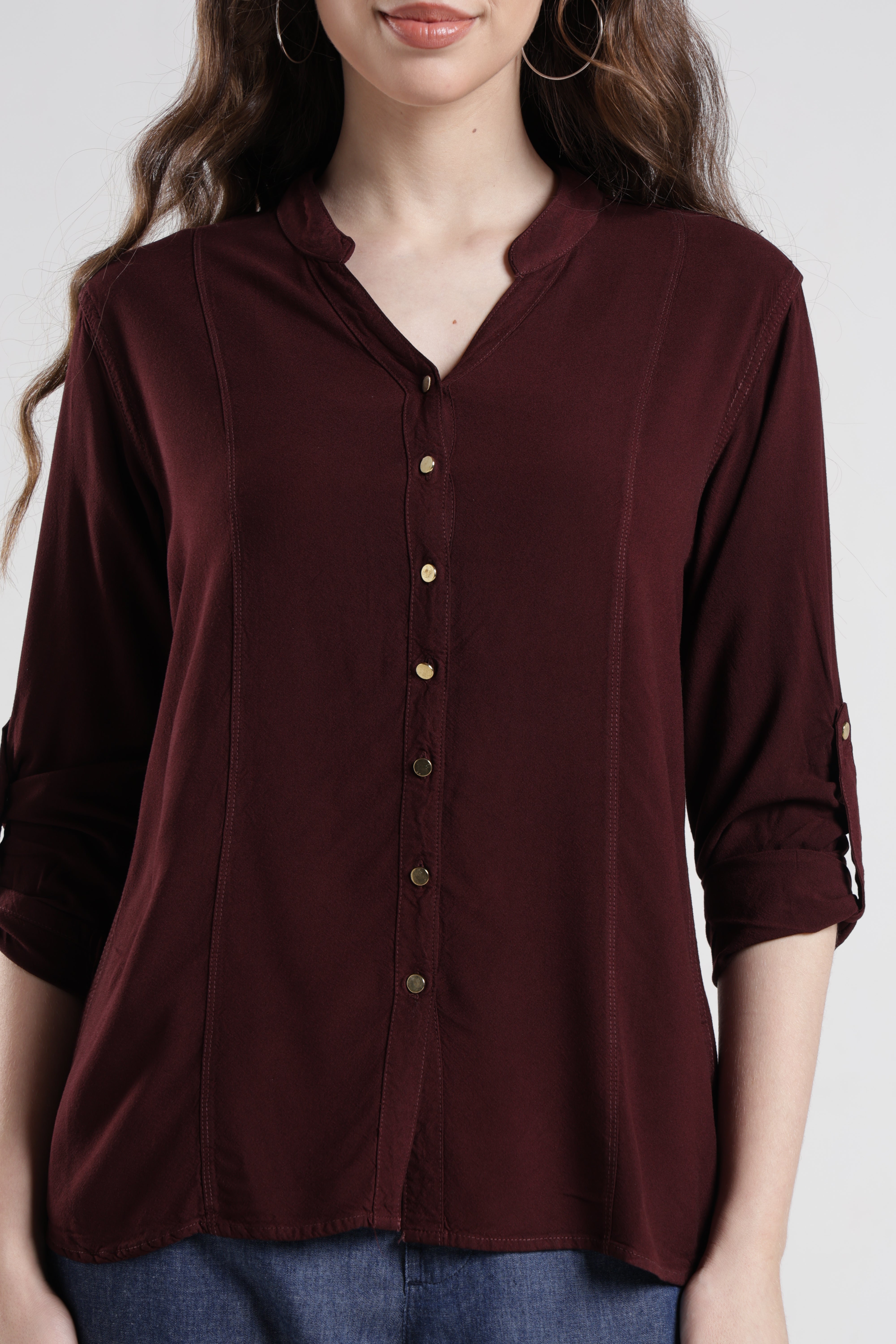 Identiti Women Indo Western Solid Shirt - Nut brown