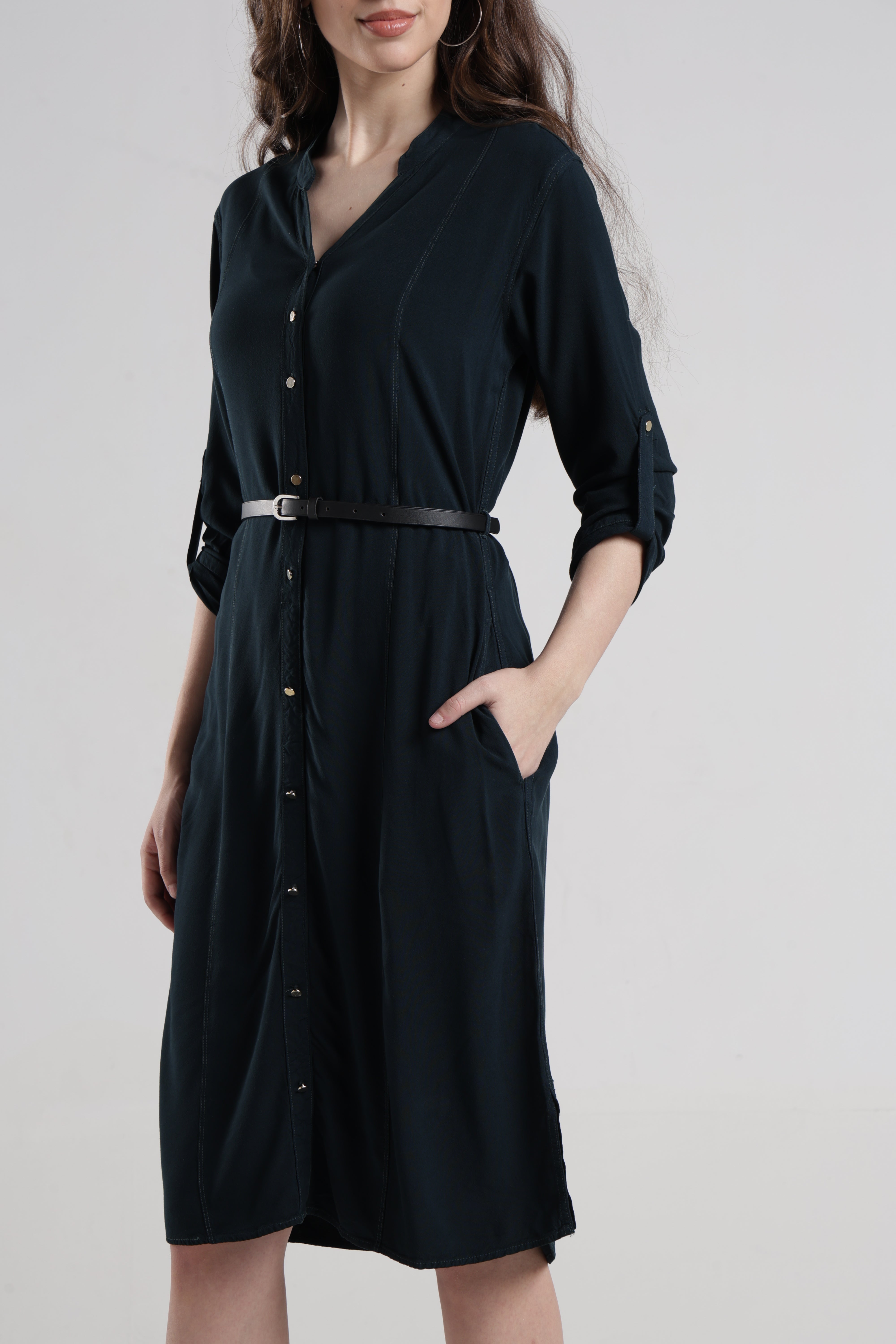 Identiti Women Indo Western Solid Dress - Jungle green