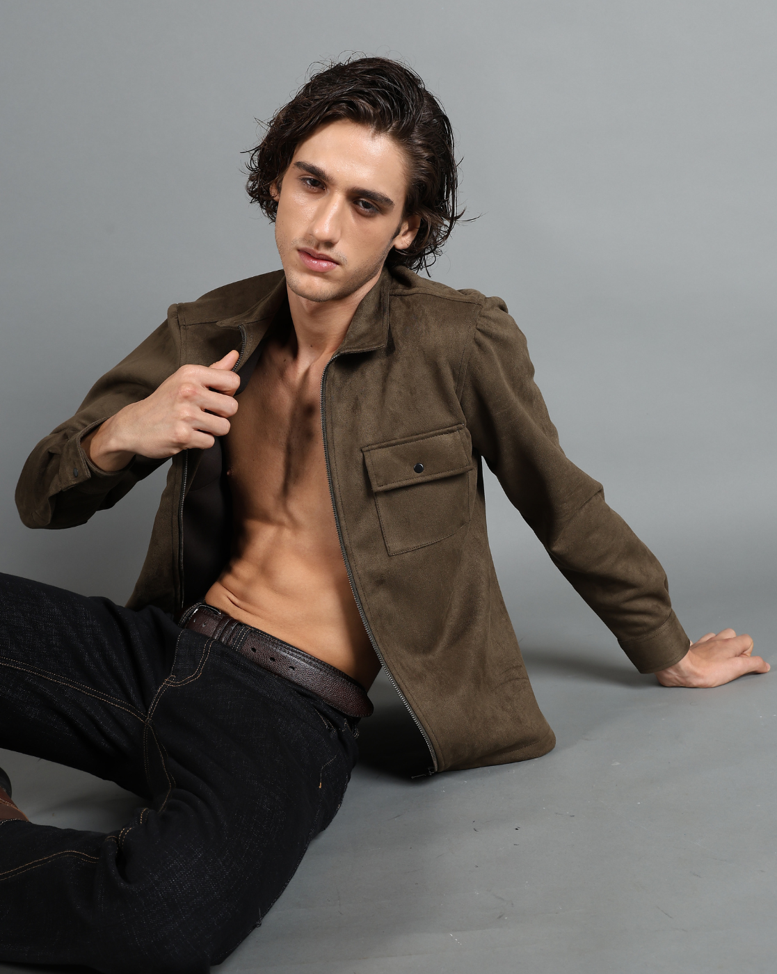 IDENTITI Men Slim Fit Regular Collar Solid Suede Jacket In Olive Green.