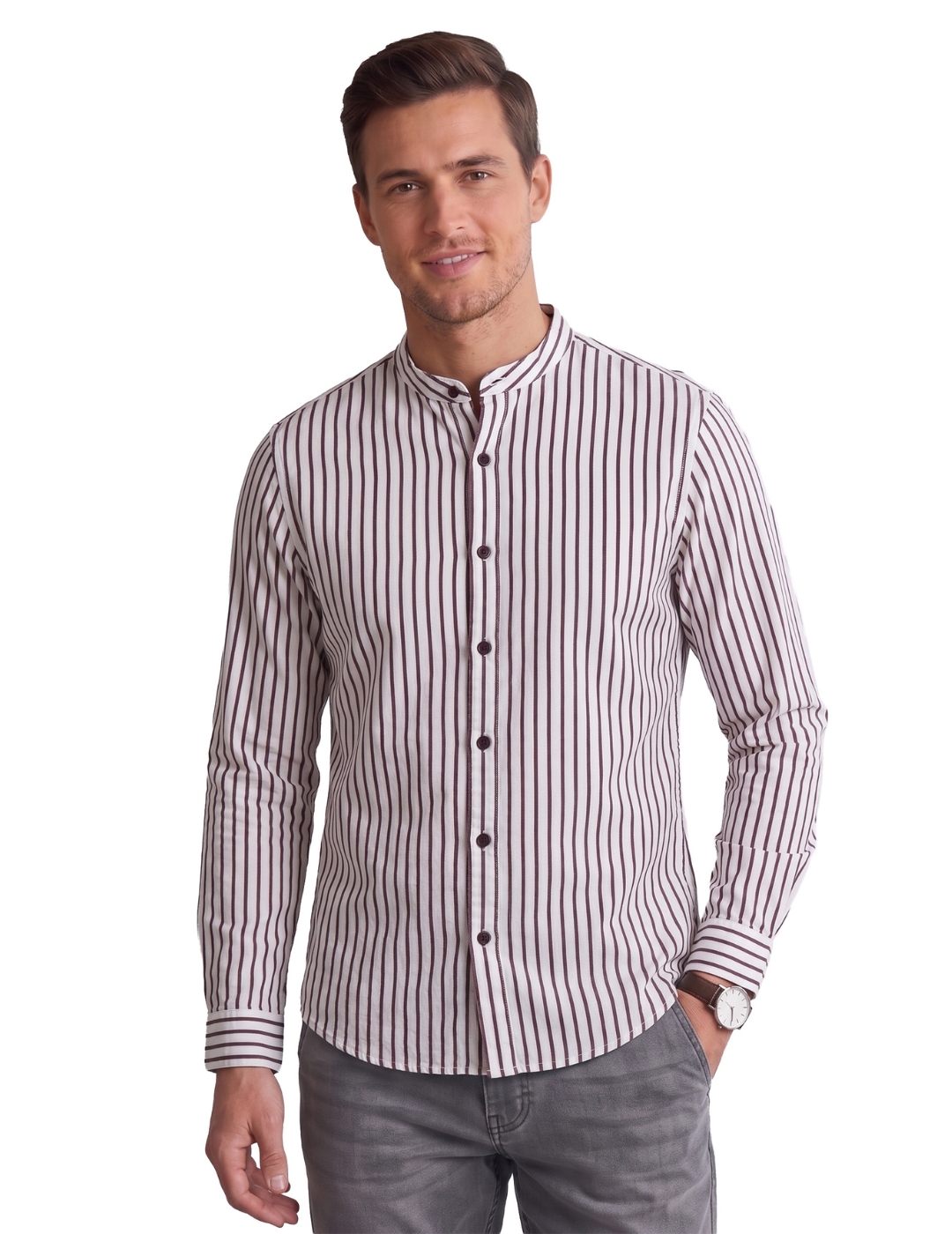 IDENTITI Men Slim Fit Mandarin Collar Striped Shirt In Maroon.