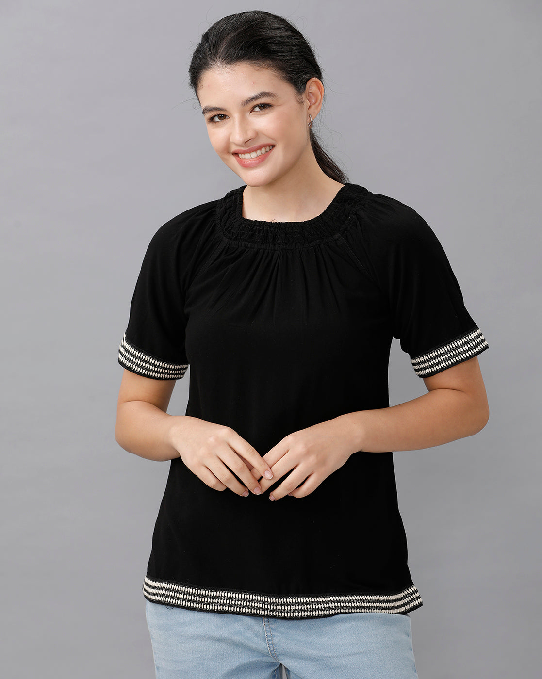 Identiti Women Solid Indo Western top with smocking - Black