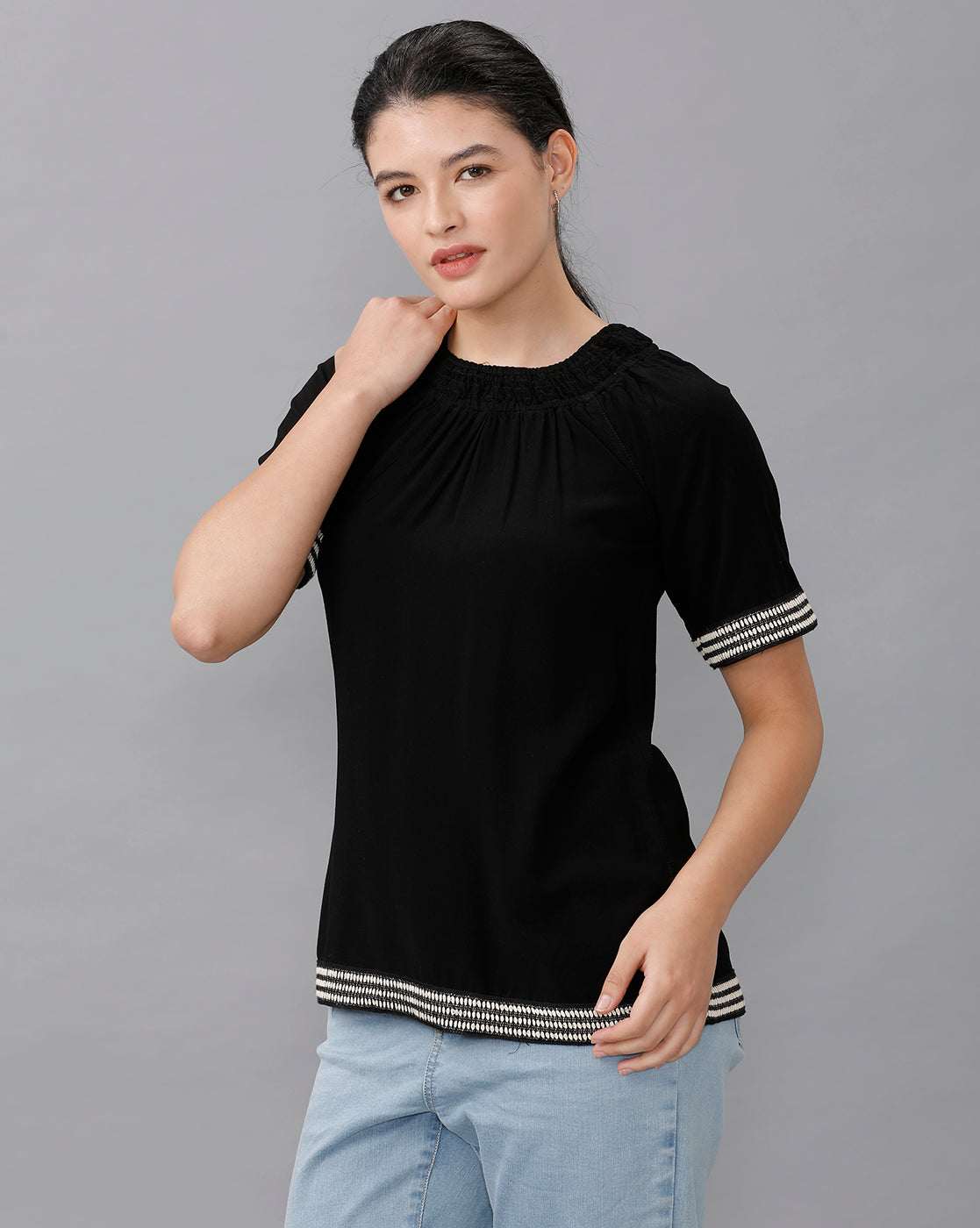 Identiti Women Solid Indo Western top with smocking - Black