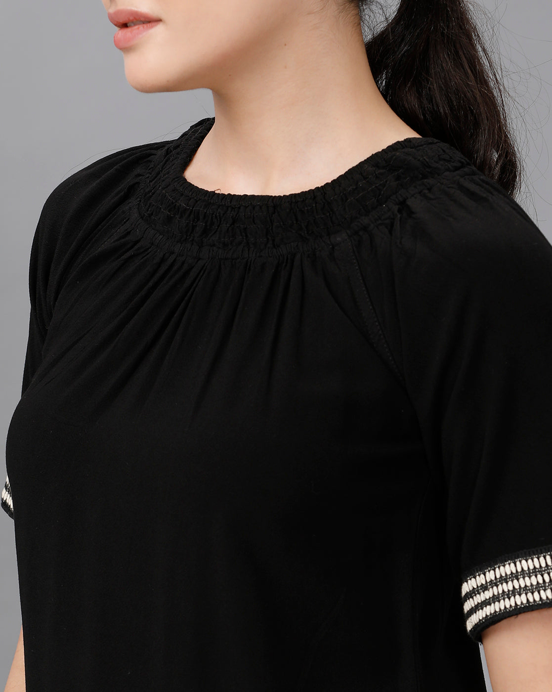 Identiti Women Solid Indo Western top with smocking - Black