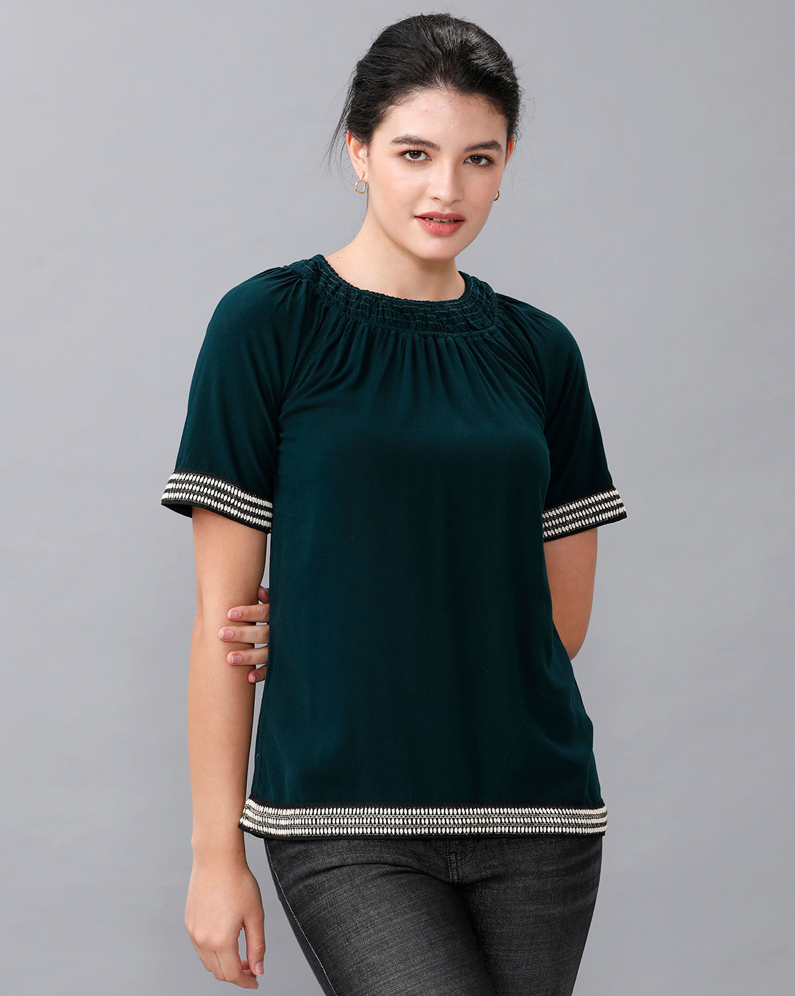 Identiti Women Solid Indo Western top with smocking - Green