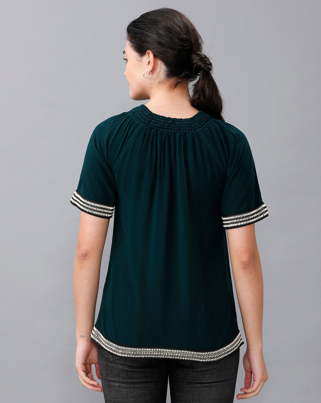 Identiti Women Solid Indo Western top with smocking - Green