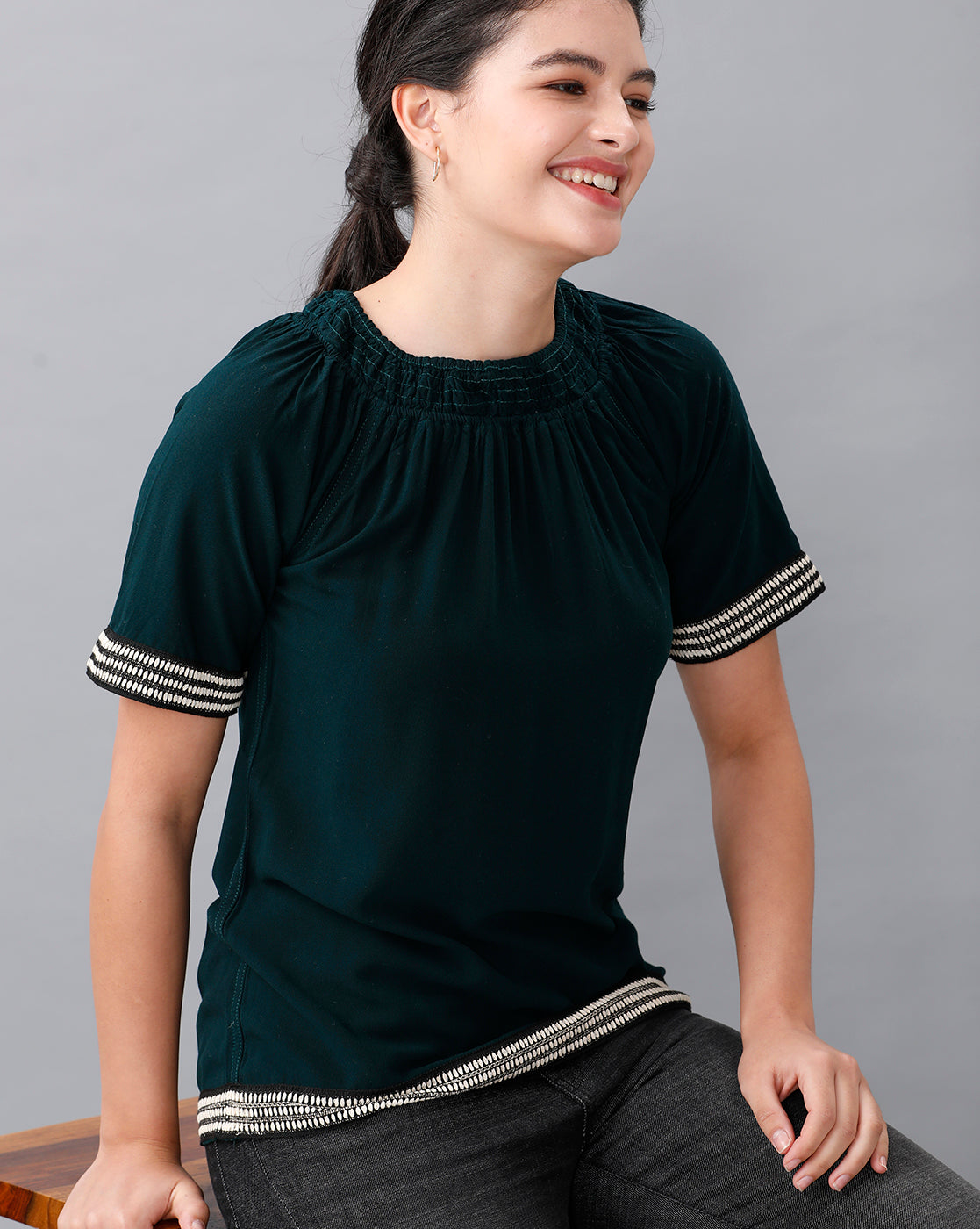 Identiti Women Solid Indo Western top with smocking - Green