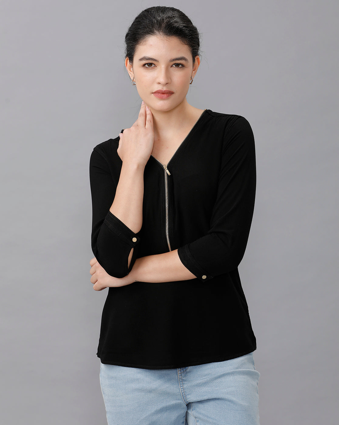 Identiti Women Solid Indo Western top with zipper detailing - Black