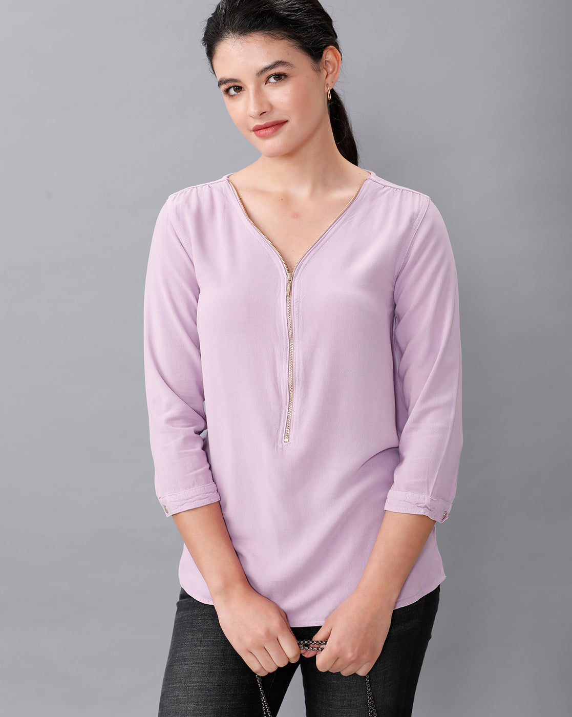 Identiti Women Solid Indo Western top with zipper detailing - Lilac