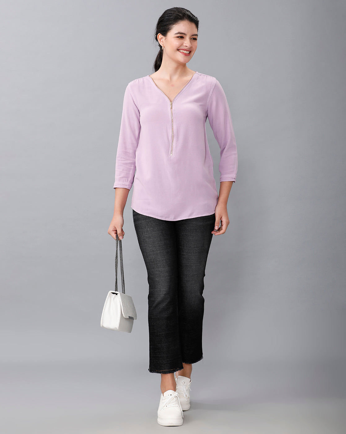 Identiti Women Solid Indo Western top with zipper detailing - Lilac