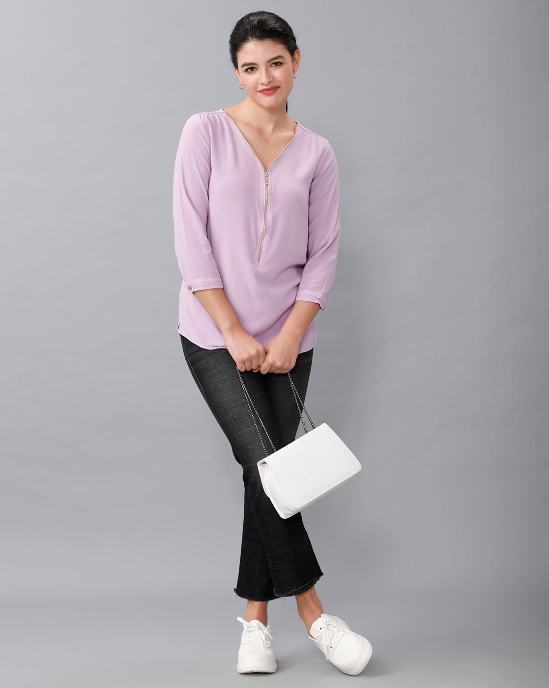 Identiti Women Solid Indo Western top with zipper detailing - Lilac