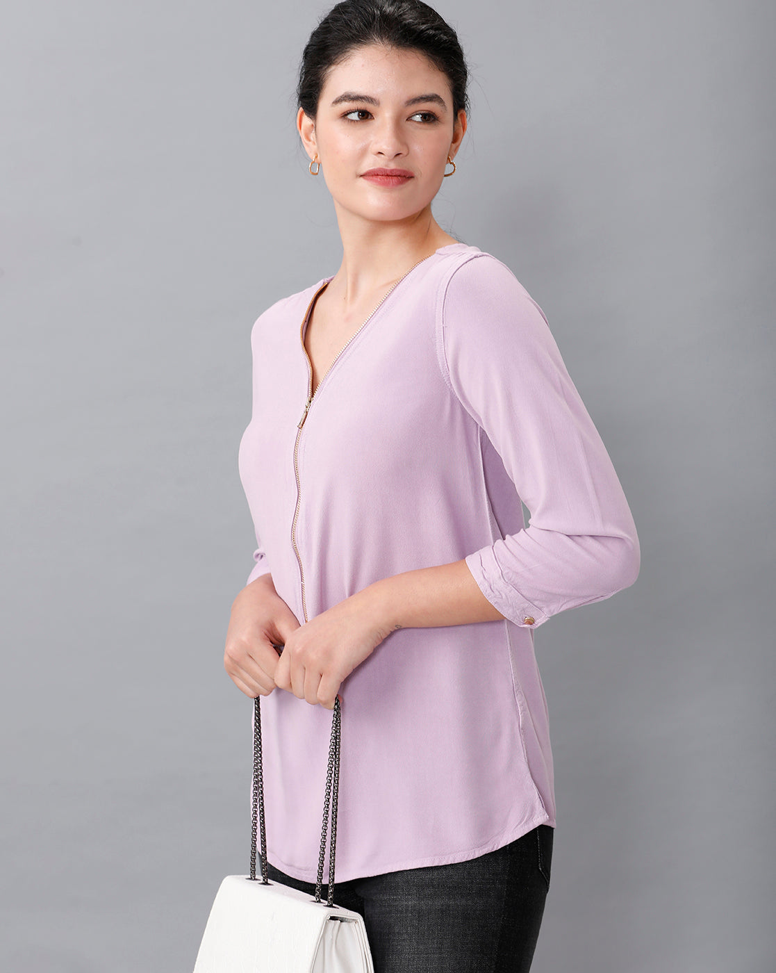 Identiti Women Solid Indo Western top with zipper detailing - Lilac