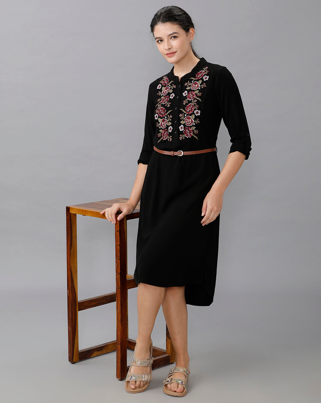 Identiti Women Solid Indo Western Embroidered Dress - Black