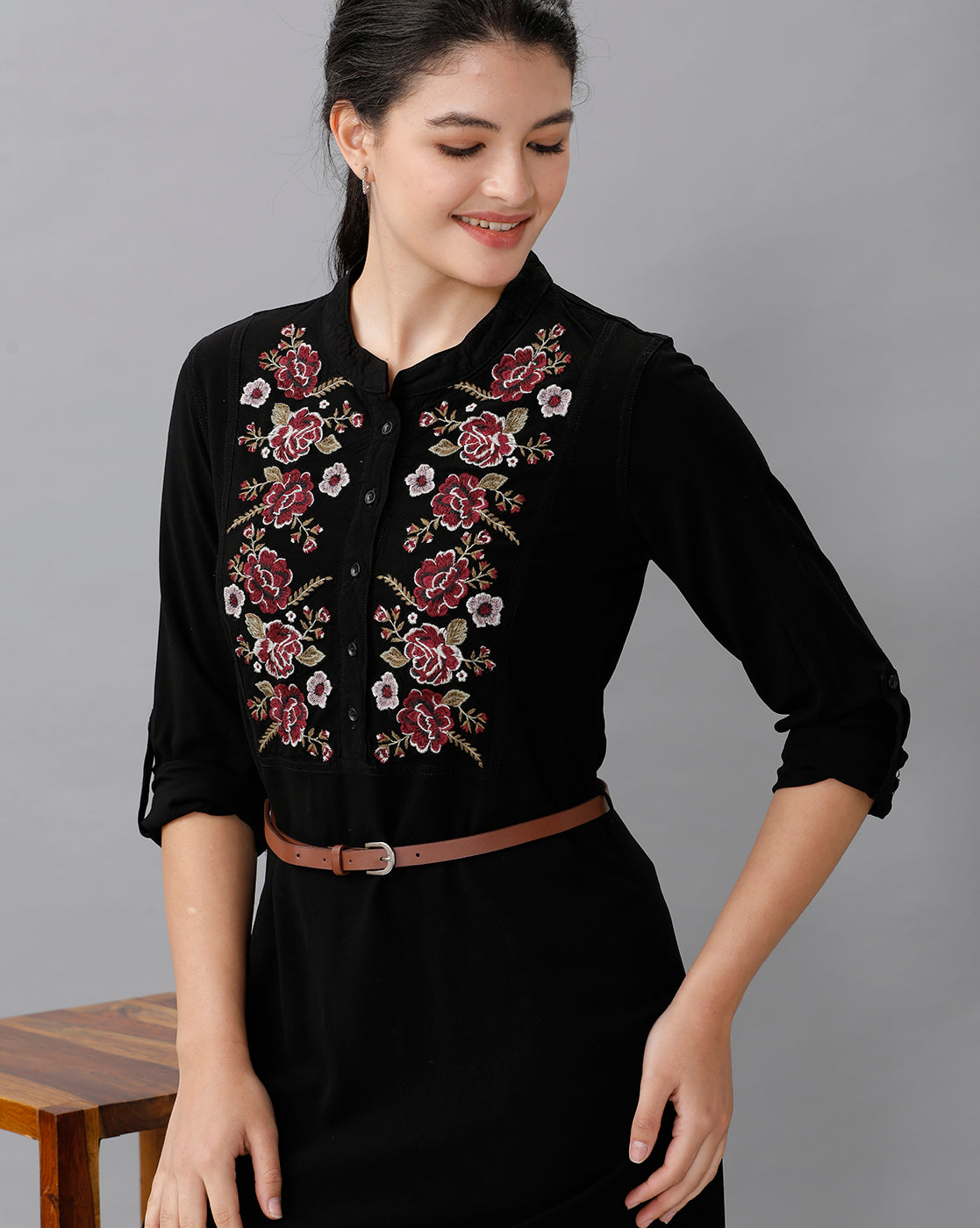 Identiti Women Solid Indo Western Embroidered Dress - Black