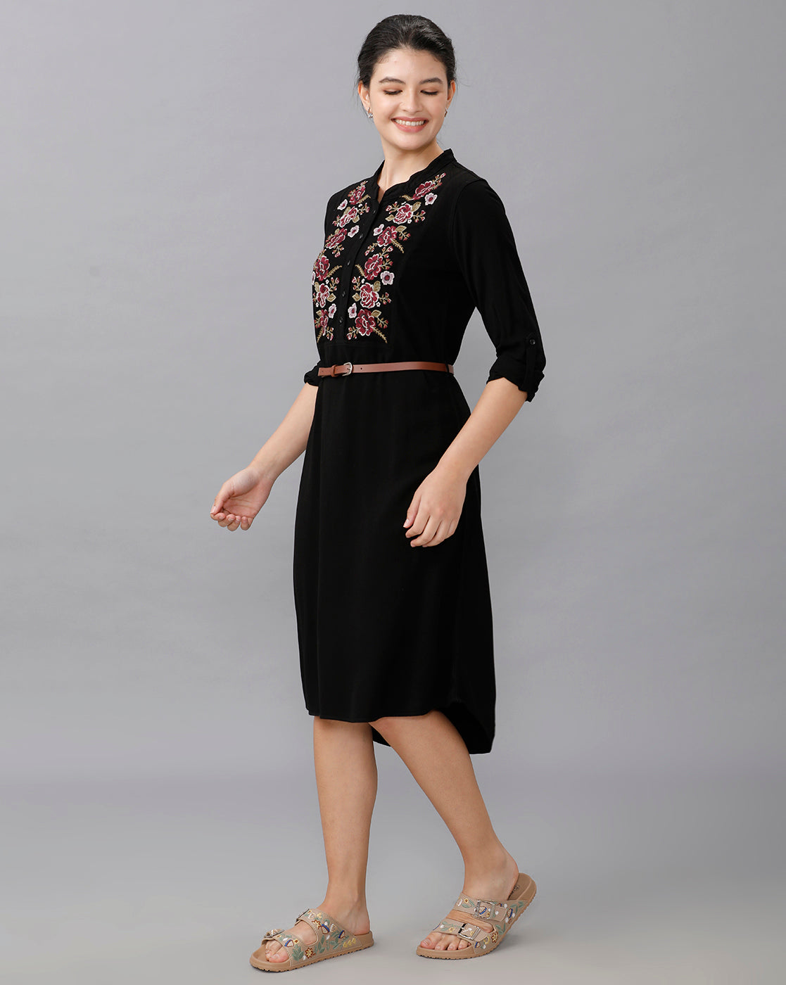 Identiti Women Solid Indo Western Embroidered Dress - Black