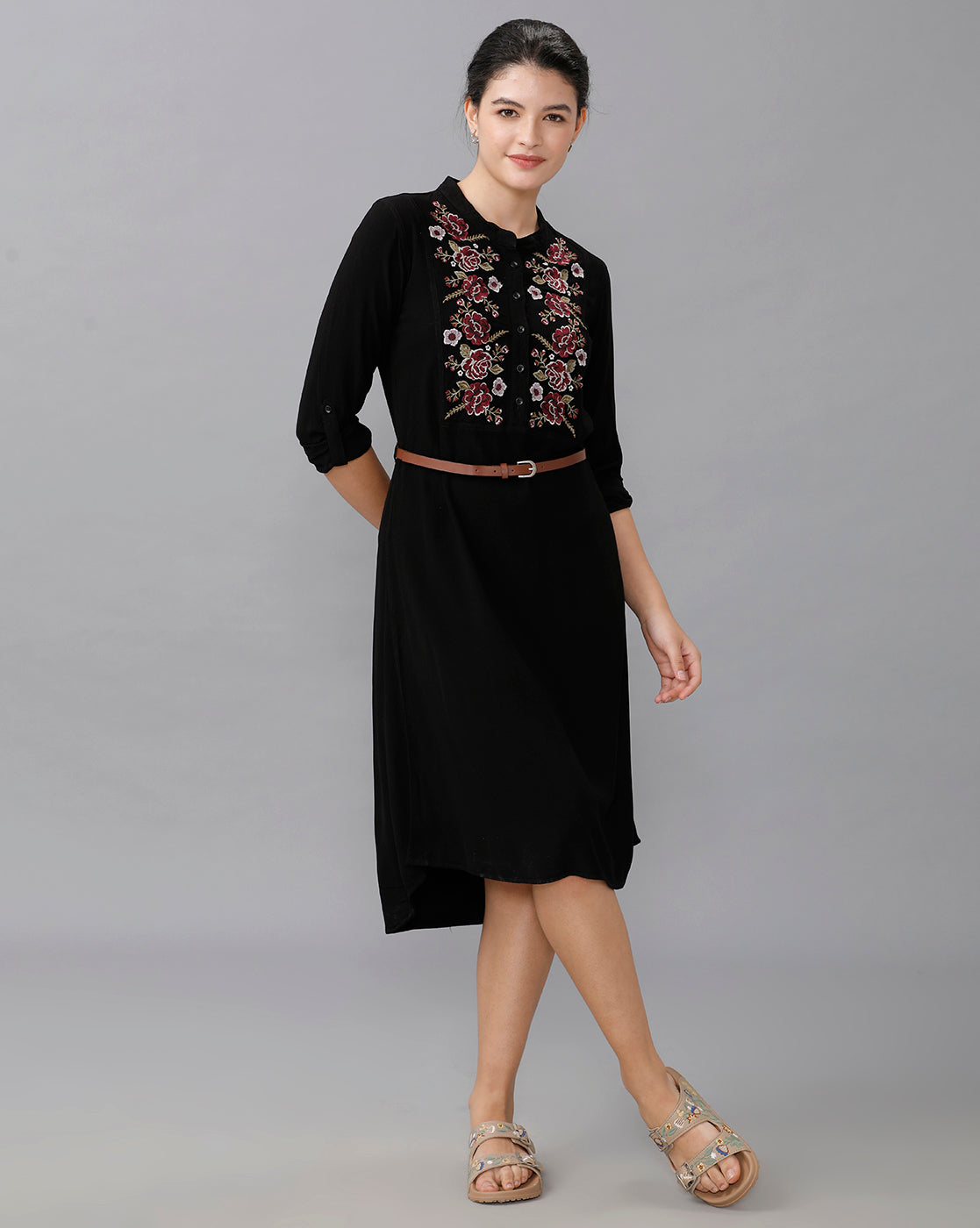 Identiti Women Solid Indo Western Embroidered Dress - Black