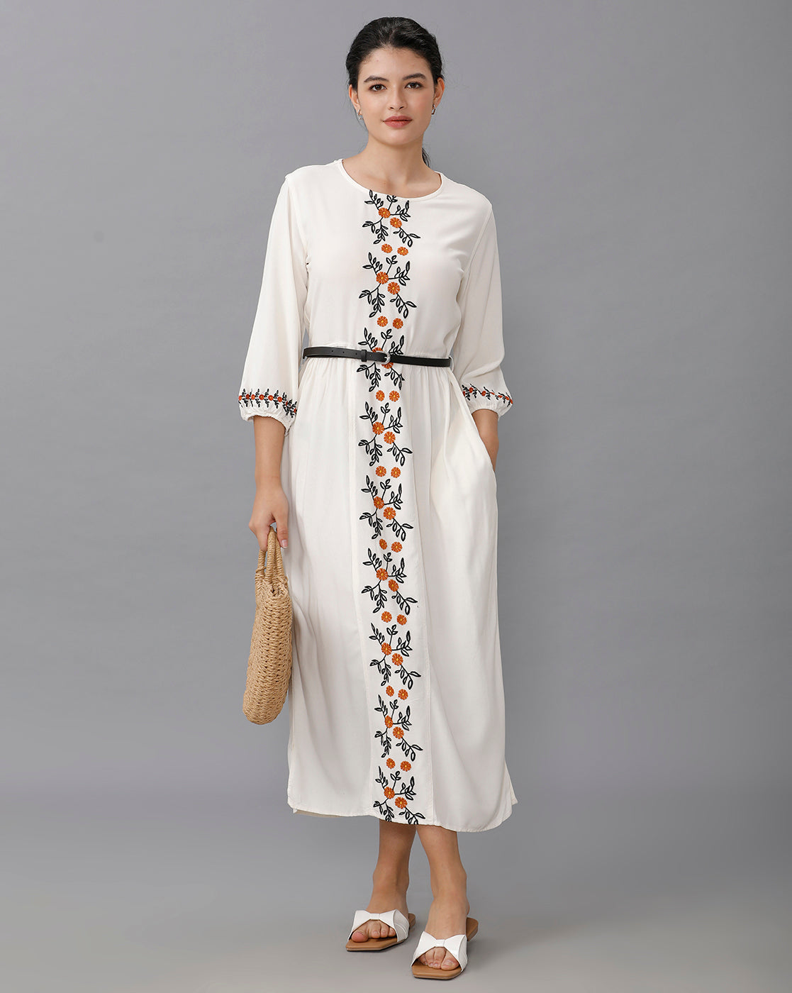 Identiti Women Solid Indo Western Embroidered Dress - Off White.