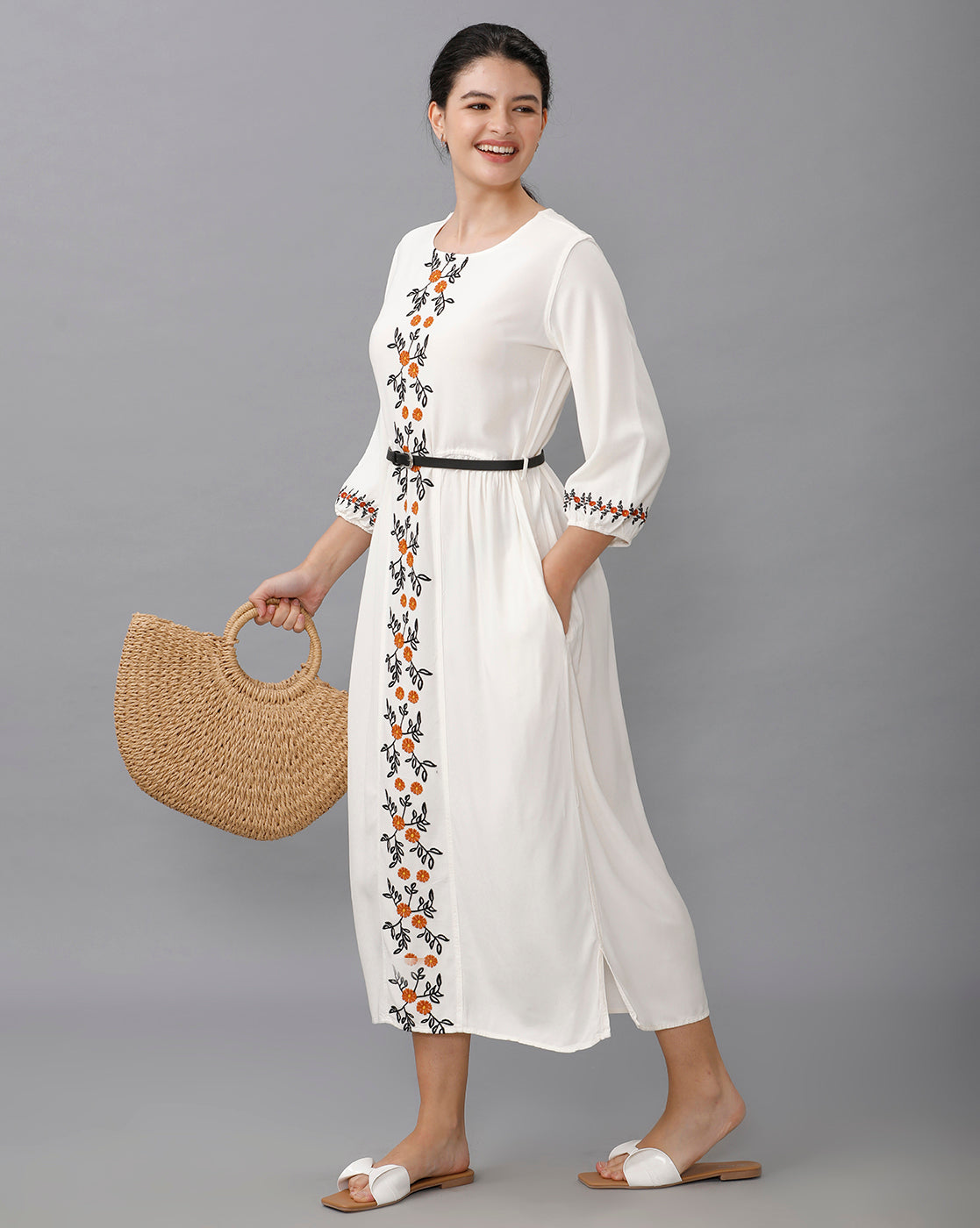 Identiti Women Solid Indo Western Embroidered Dress - Off White.