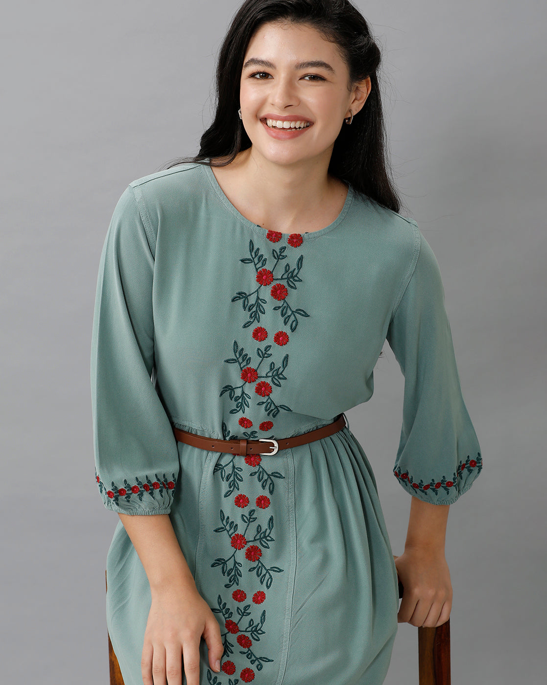 Identiti Women Solid Indo Western Embroidered Dress - Mint.