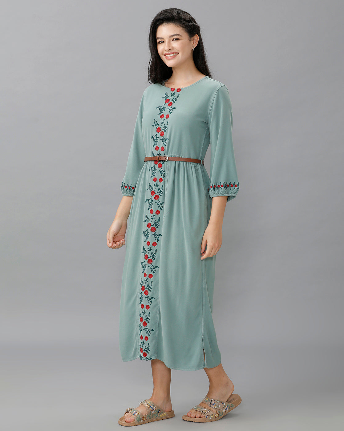 Identiti Women Solid Indo Western Embroidered Dress - Mint.