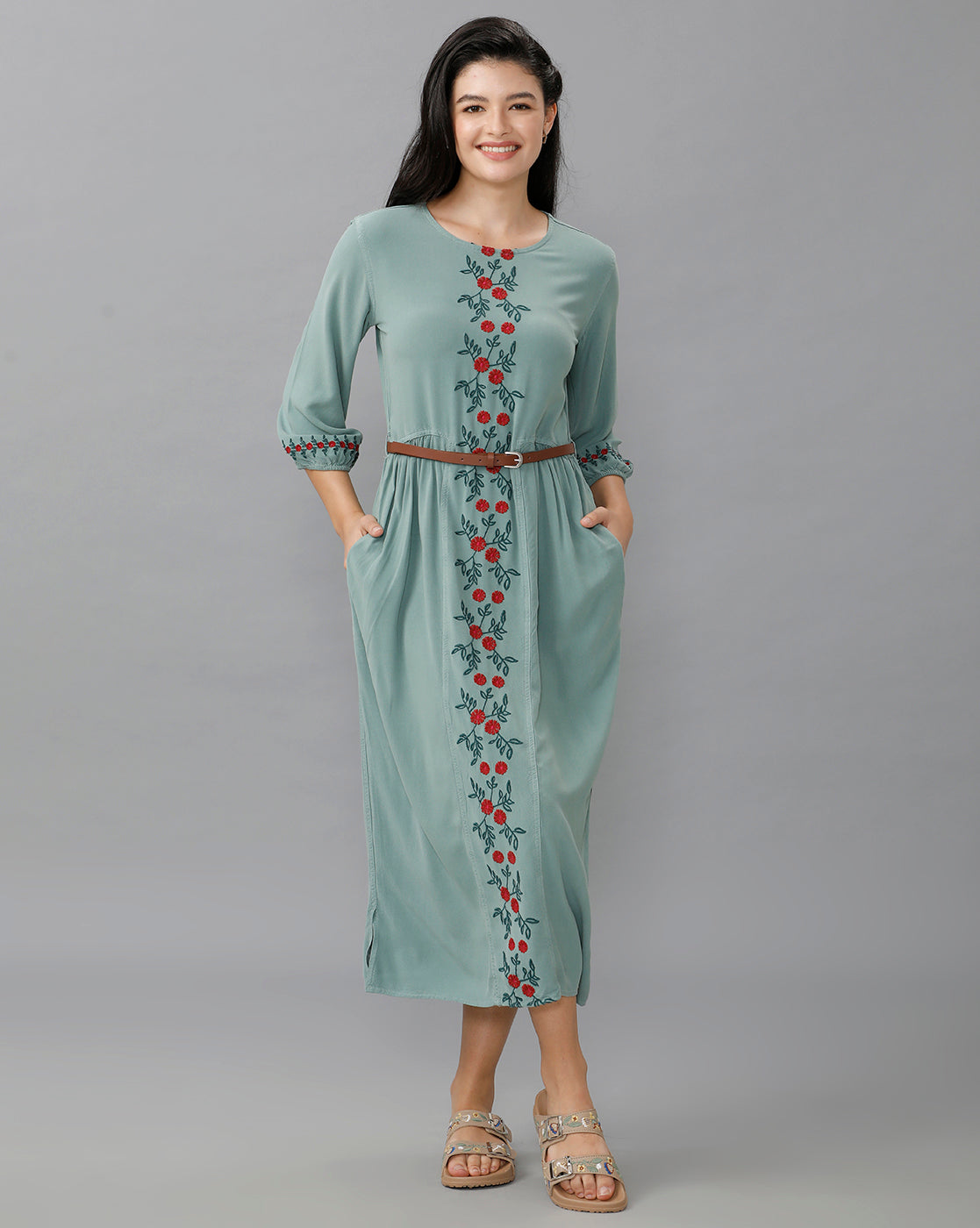 Identiti Women Solid Indo Western Embroidered Dress - Mint.