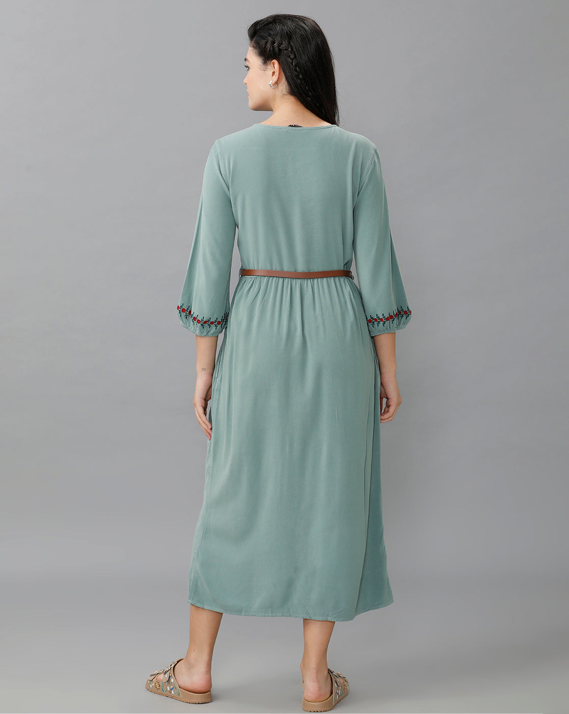 Identiti Women Solid Indo Western Embroidered Dress - Mint.