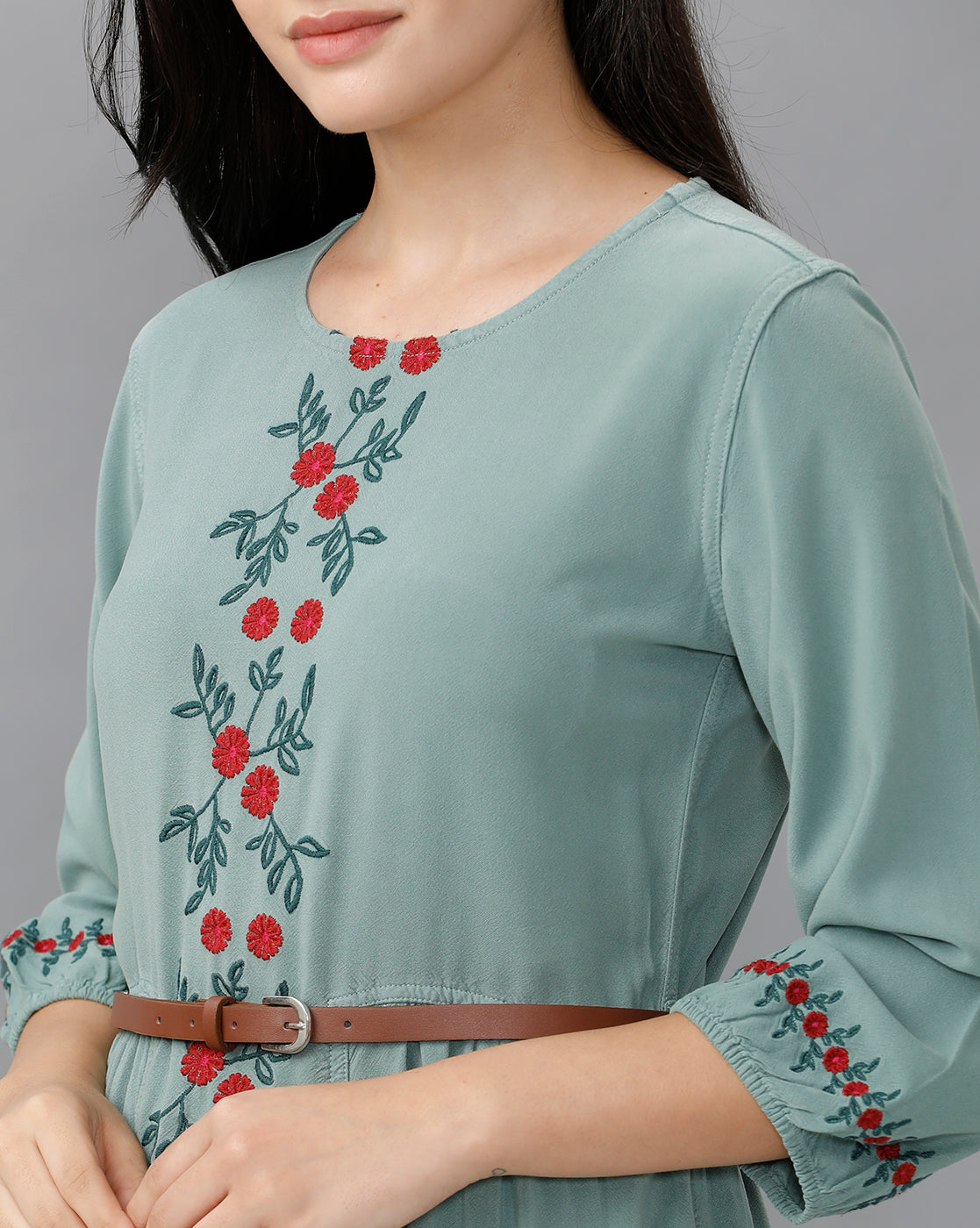 Identiti Women Solid Indo Western Embroidered Dress - Mint.