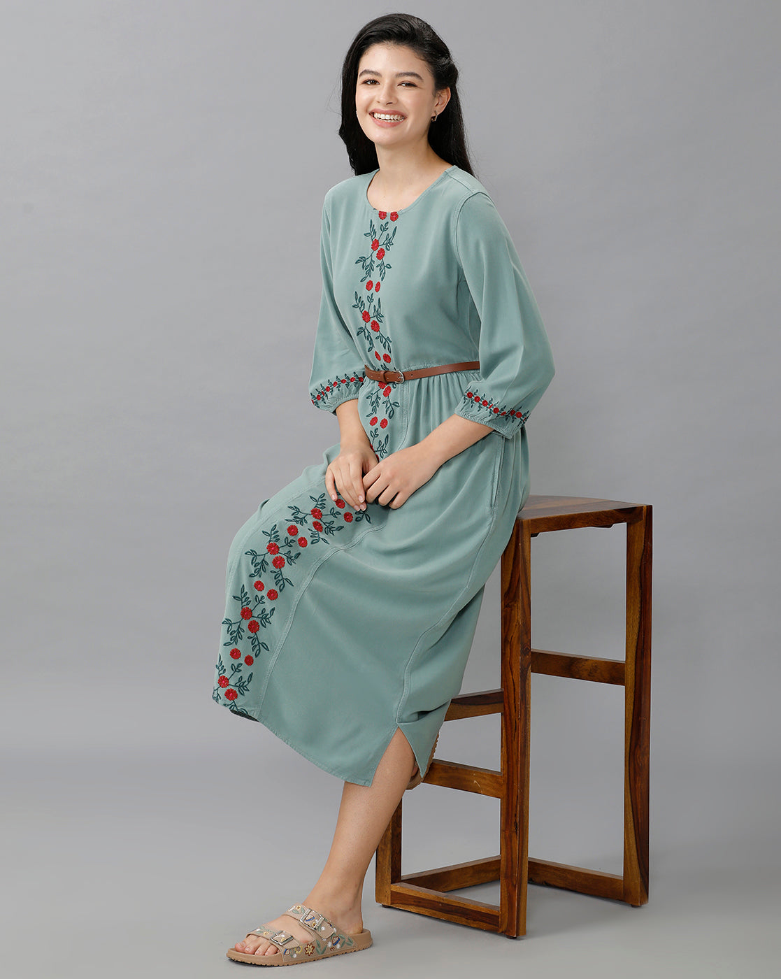 Identiti Women Solid Indo Western Embroidered Dress - Mint.