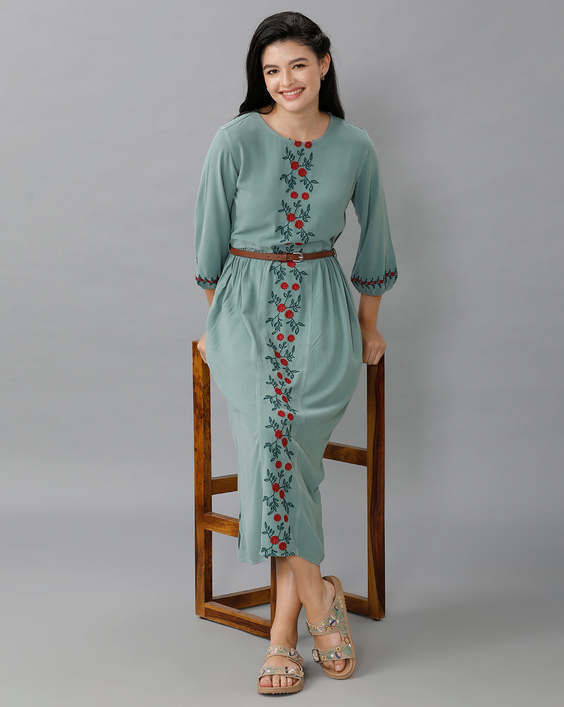 Identiti Women Solid Indo Western Embroidered Dress - Mint.