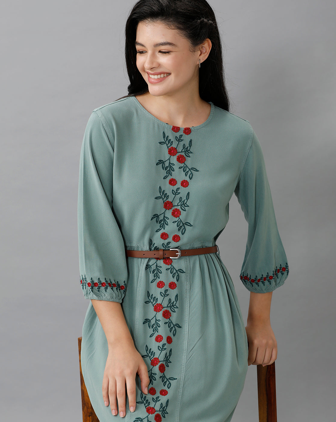 Identiti Women Solid Indo Western Embroidered Dress - Mint.