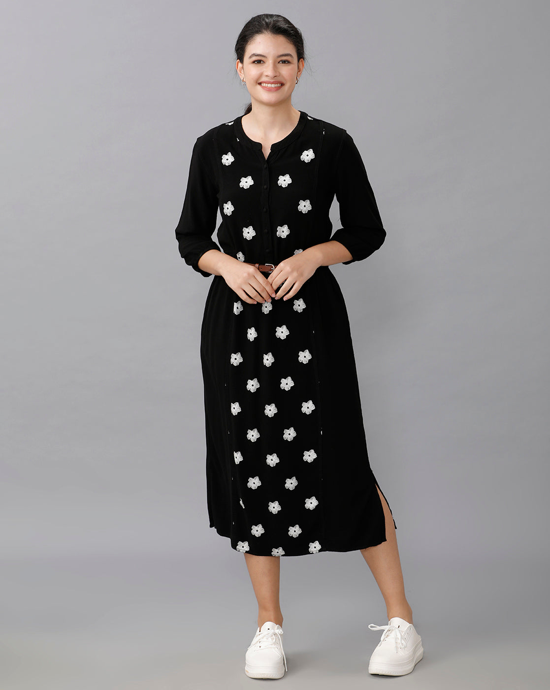 Identiti Women Solid Indo Western Printed Dress - Black.