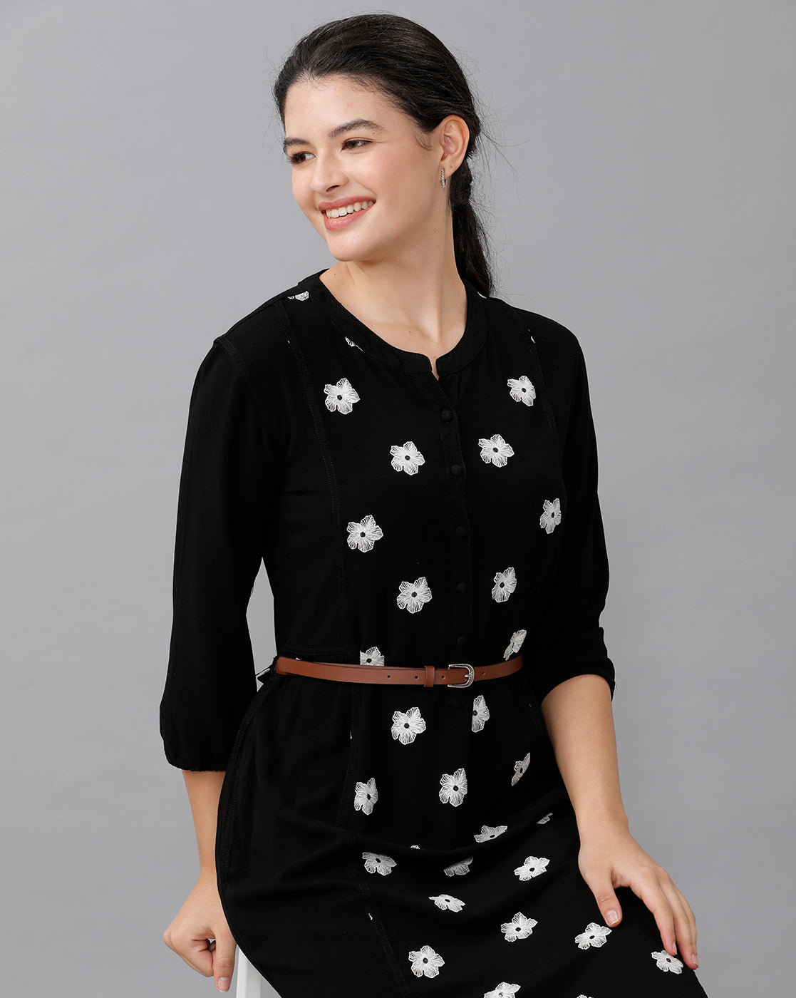 Identiti Women Solid Indo Western Printed Dress - Black.