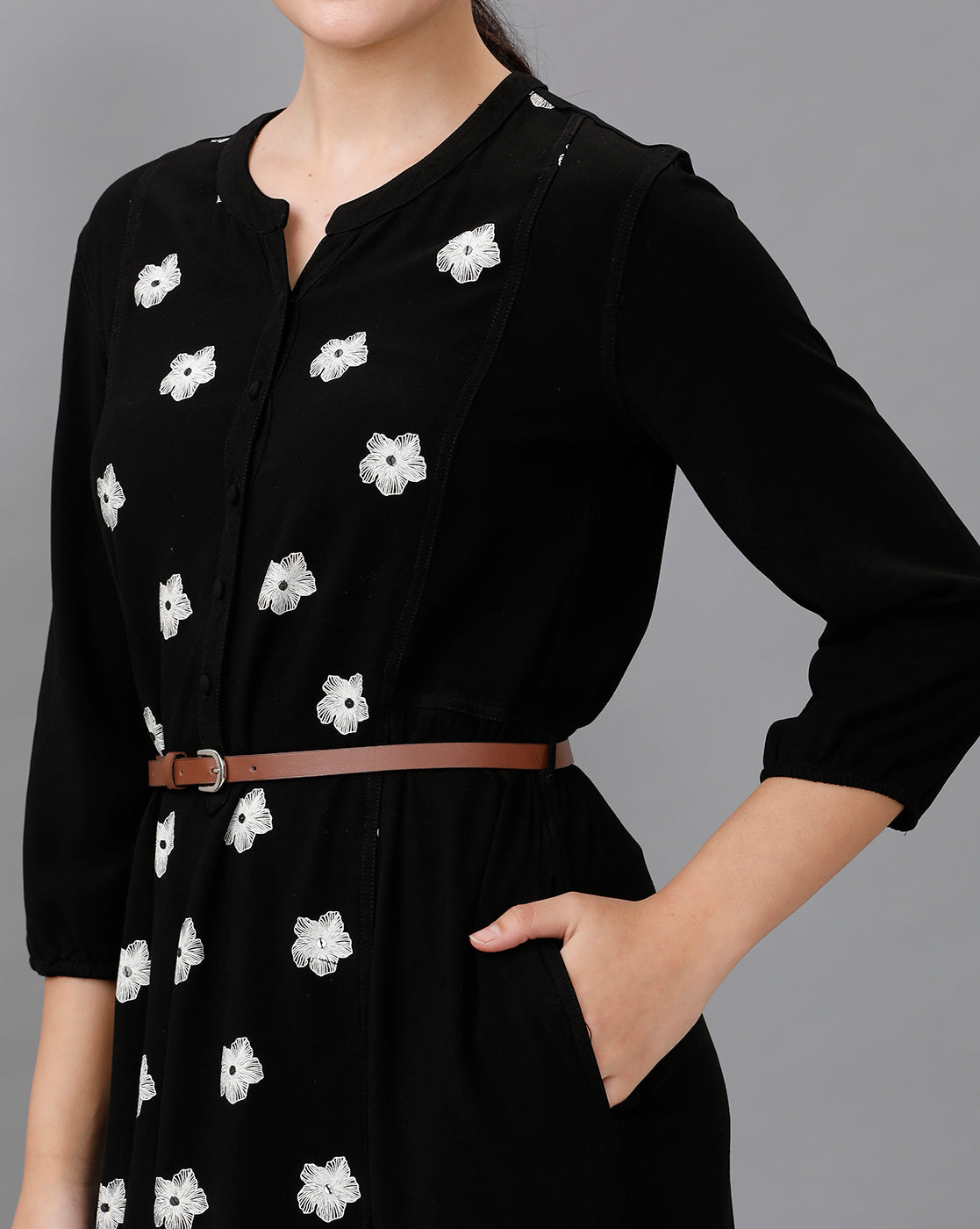 Identiti Women Solid Indo Western Printed Dress - Black.