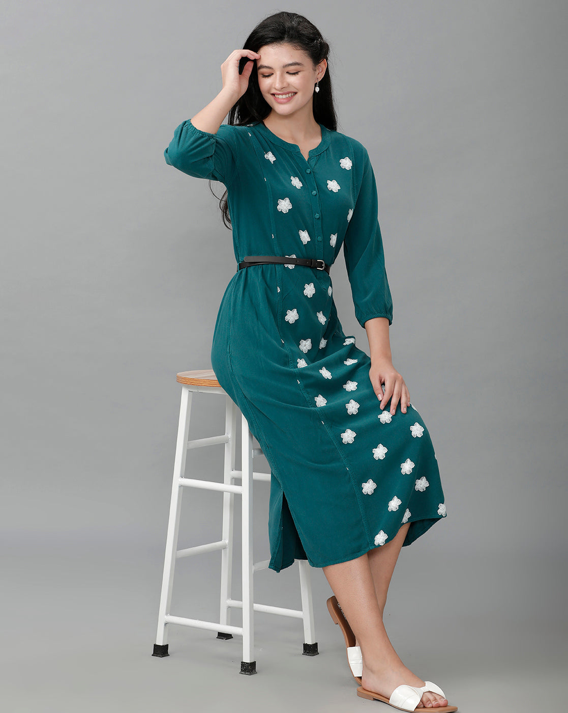 Identiti Women Solid Indo Western Printed Dress - Green.