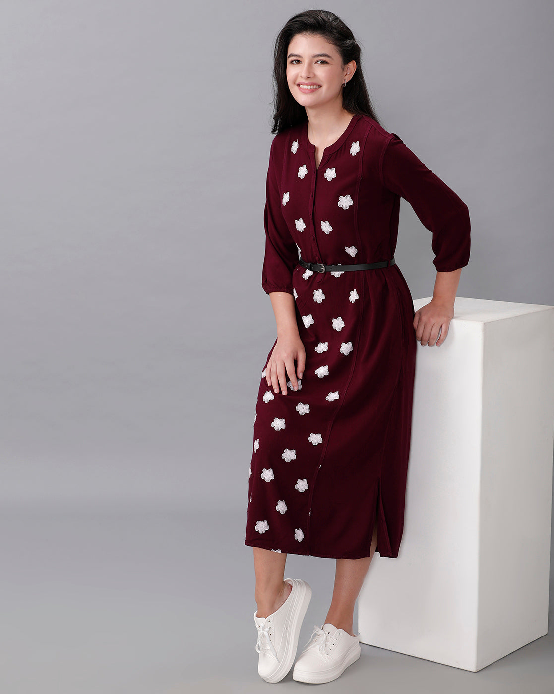 Identiti Women Solid Indo Western Printed Dress - Wine.