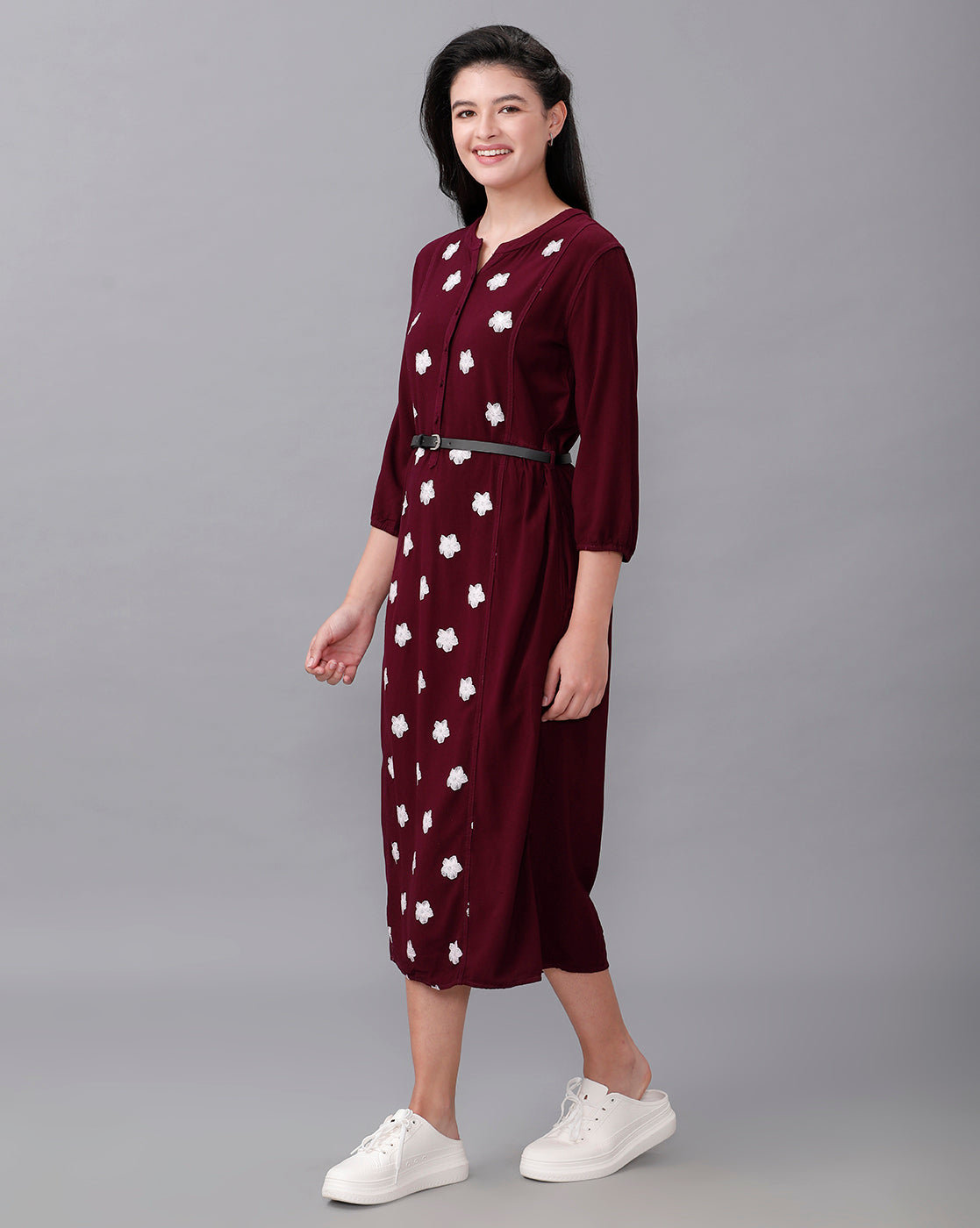 Identiti Women Solid Indo Western Printed Dress - Wine.