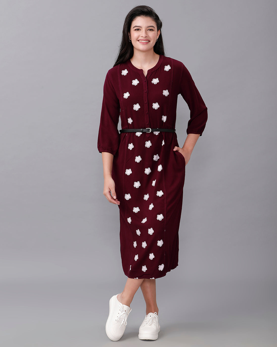 Identiti Women Solid Indo Western Printed Dress - Wine.