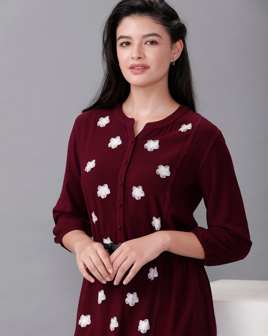 Identiti Women Solid Indo Western Printed Dress - Wine.