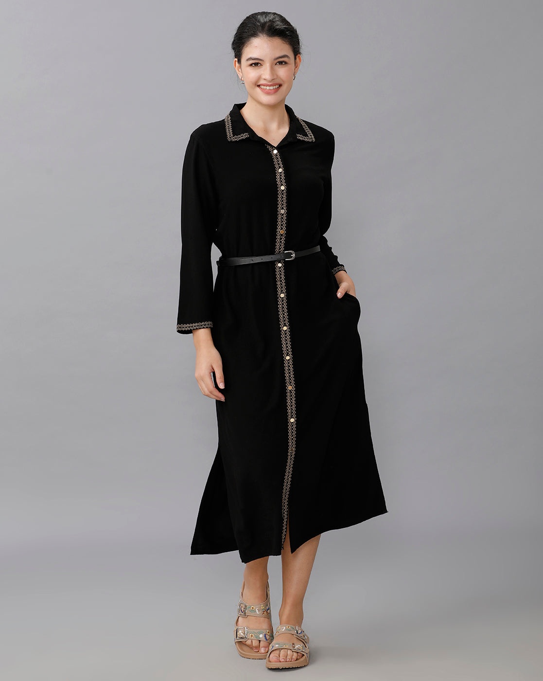 Identiti Women Solid Indo Western Embroidered Dress - Black.