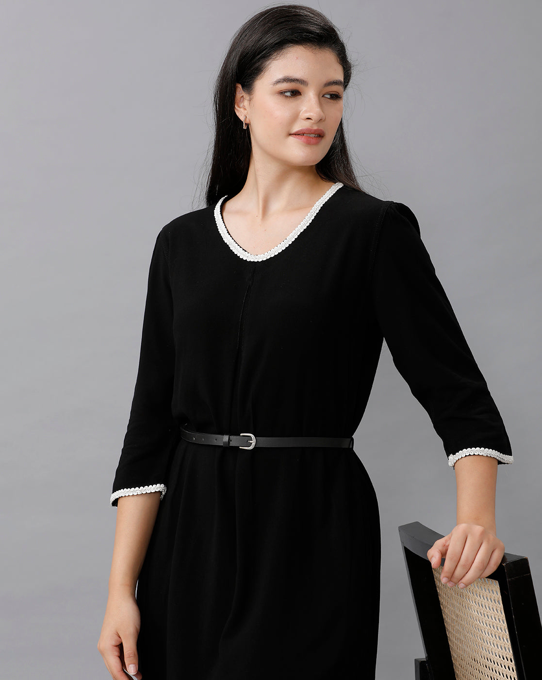 Identiti Women Solid Indo Western Lace Dress - Black.