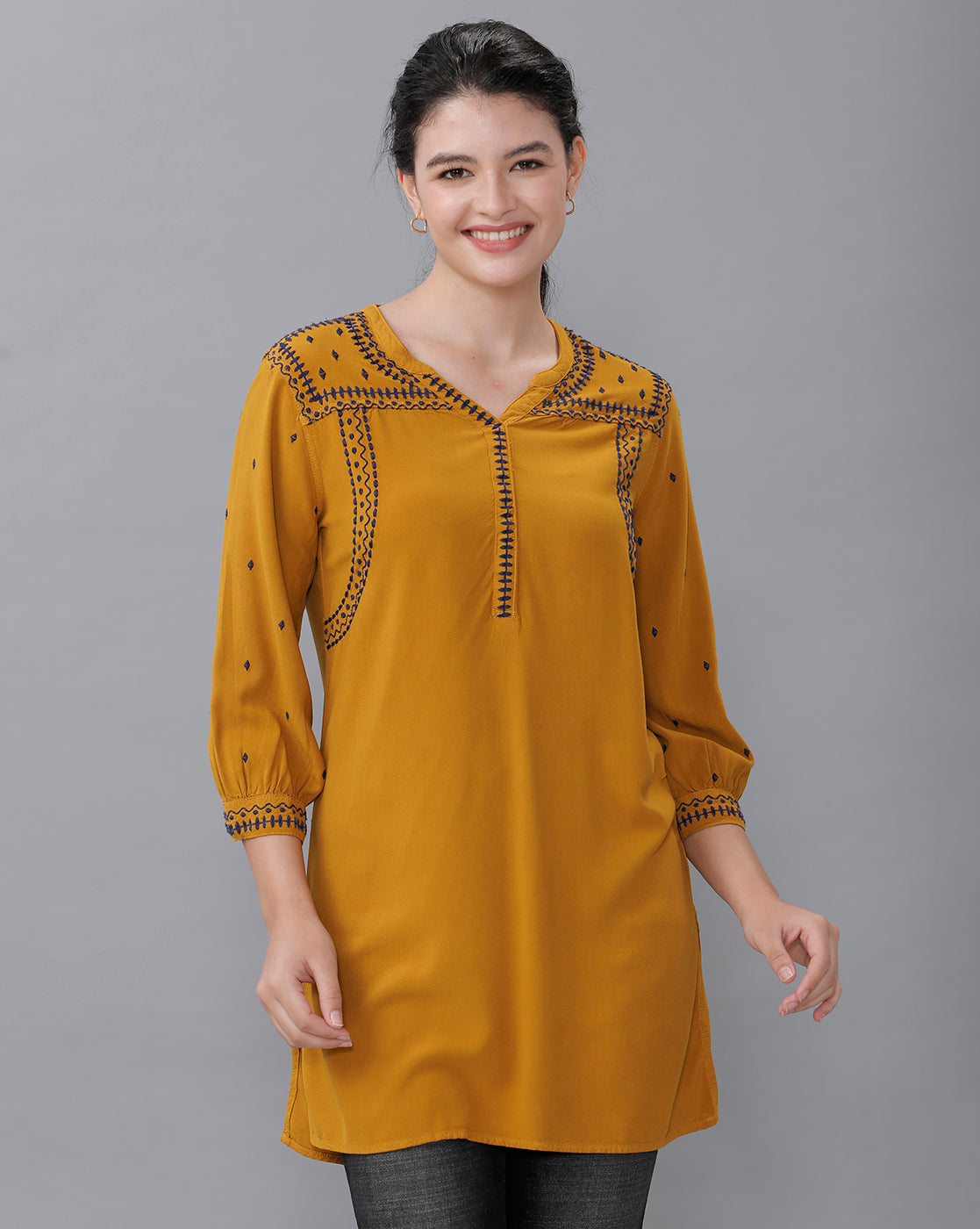 Identiti Women Solid Indo Western Embroidered Tunic - Mustard