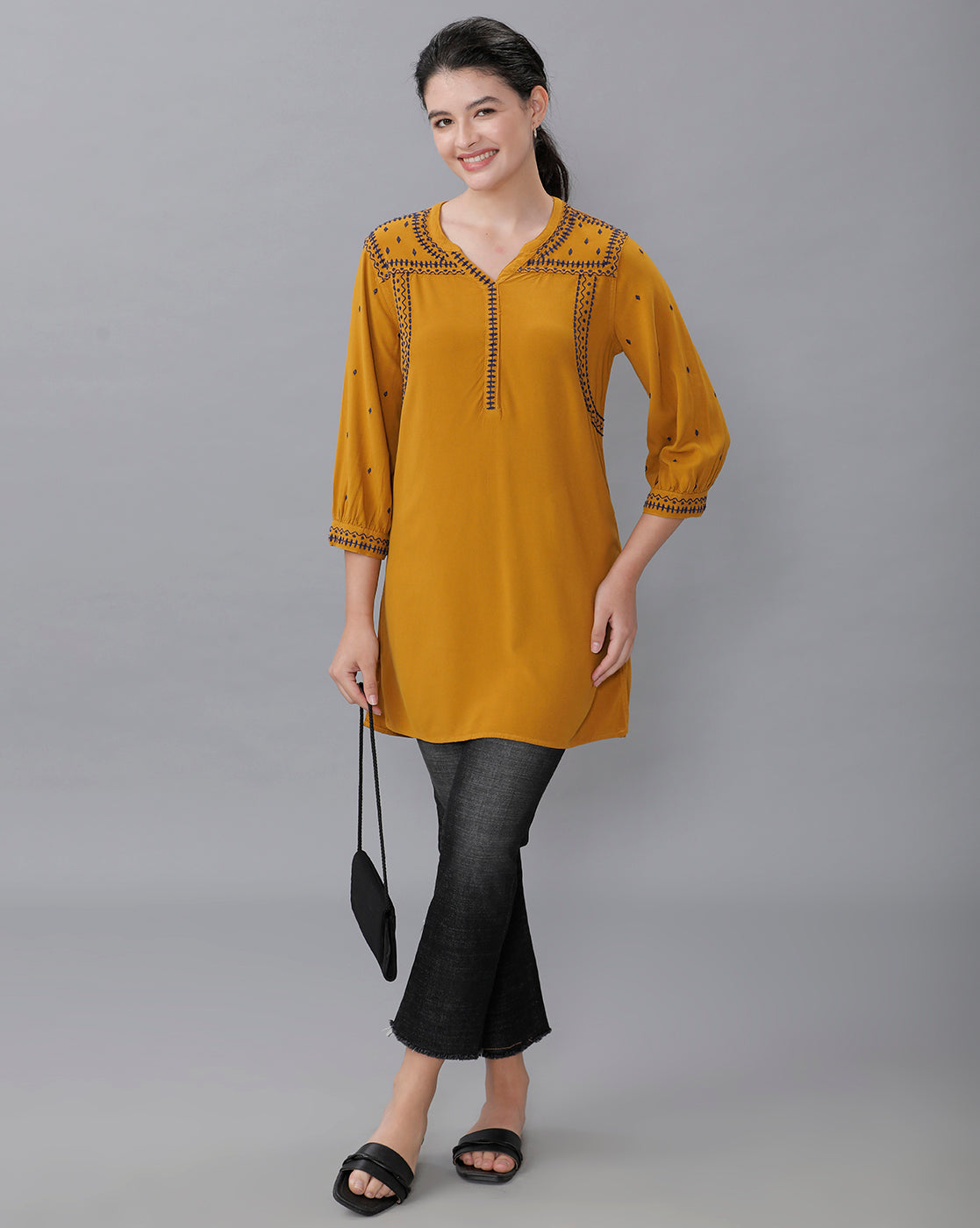 Identiti Women Solid Indo Western Embroidered Tunic - Mustard