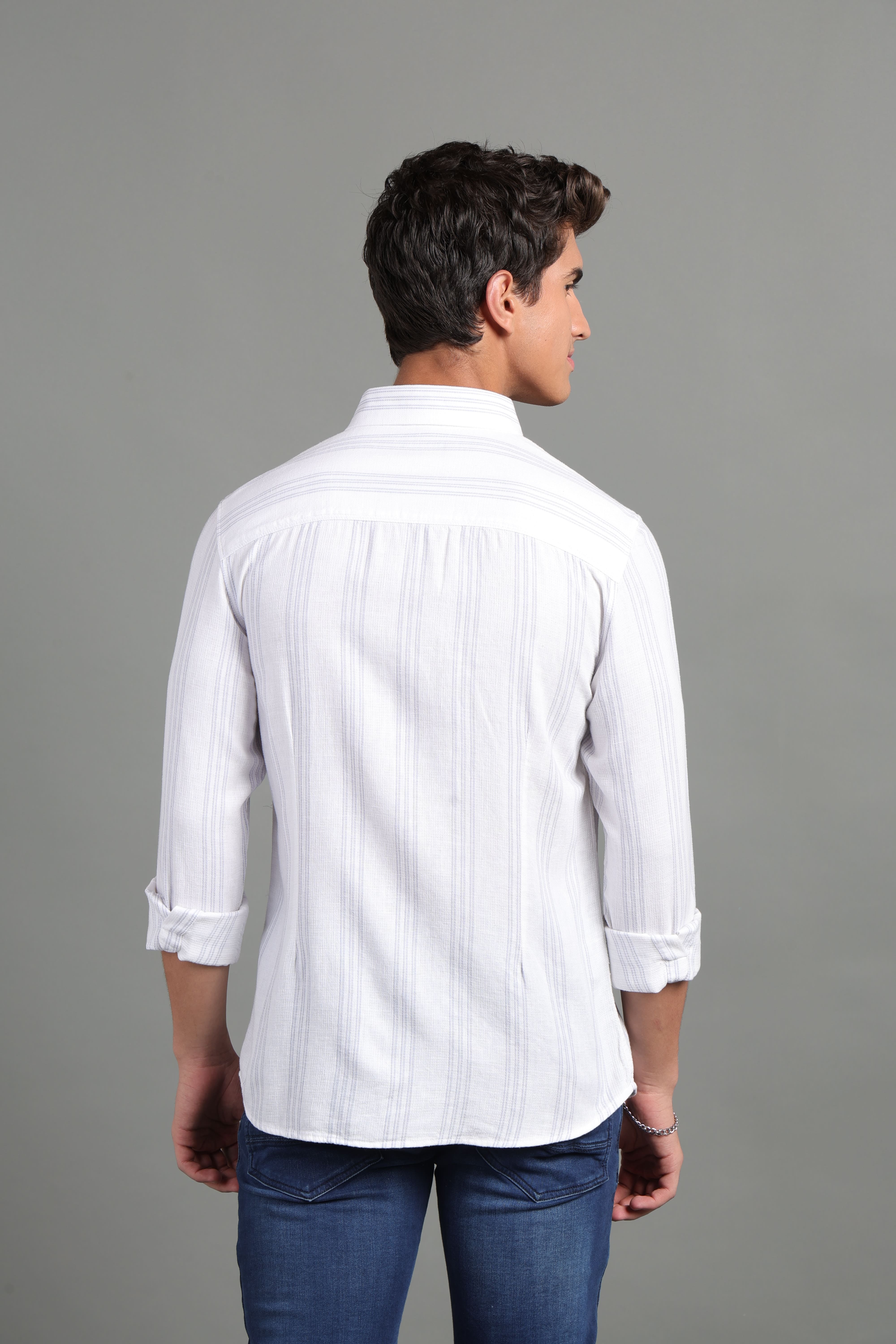 IDENTITI Men Slim Fit Regular Collar Striped Shirt In White.
